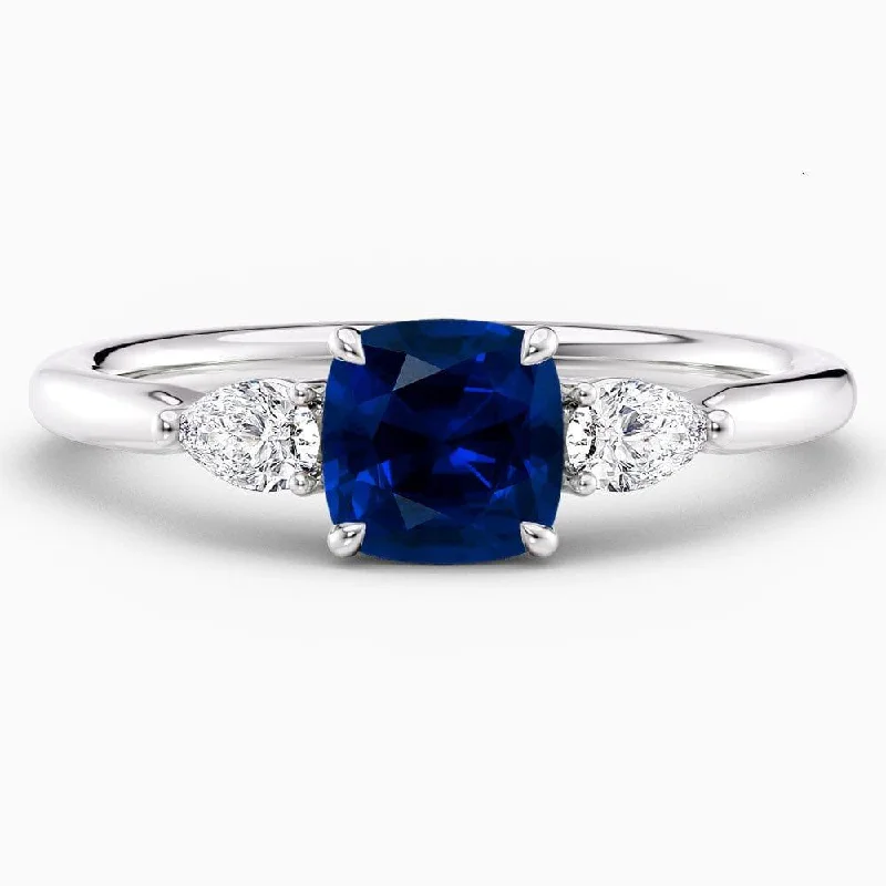 1.40 Carat Cushion Shape Three Stone Blue Sapphire Engagement Ring