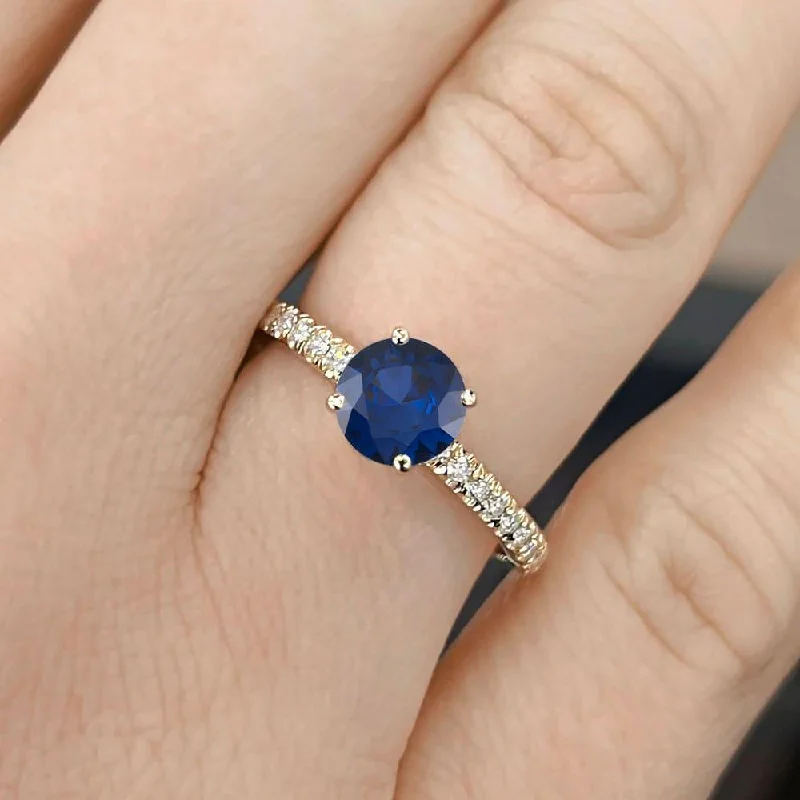 1.50 Carat Round Shape Pave Setting Blue Sapphire Engagement Ring