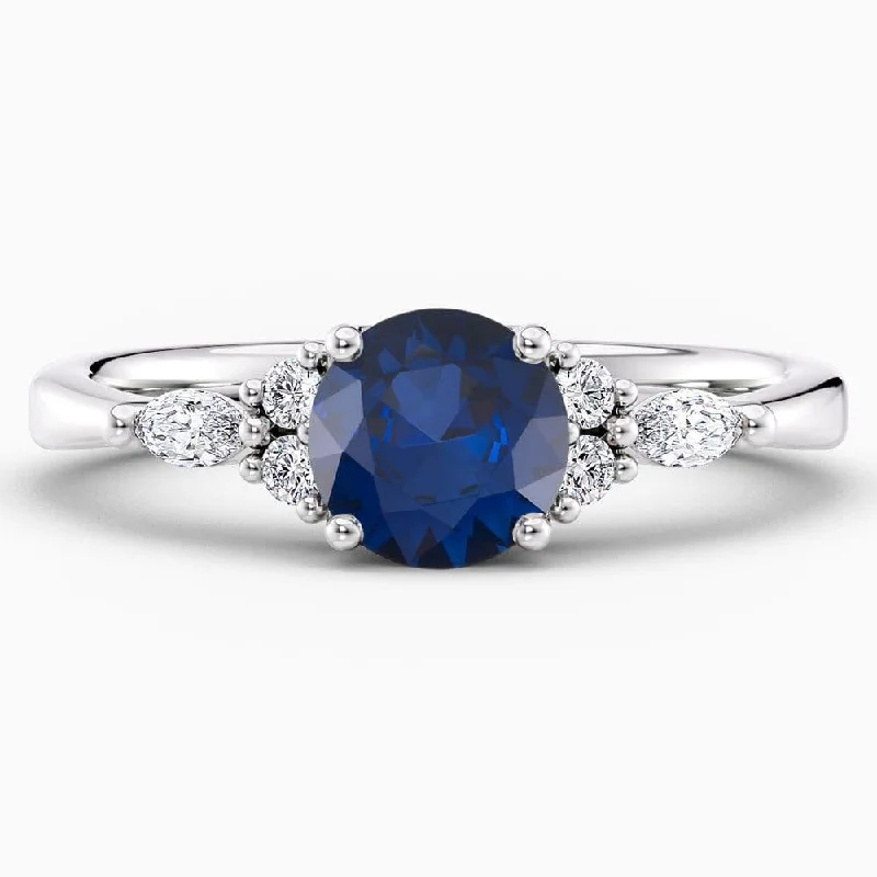 1.50 Carat Round Shape Cluster Blue Sapphire Engagement Ring