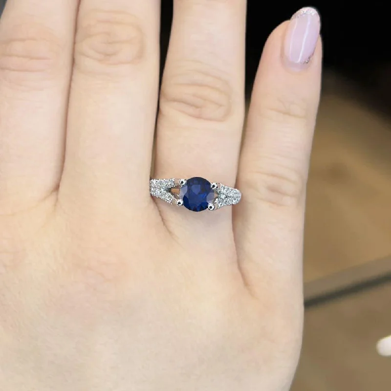 1.50 Carat Round Shape Split Shank Blue Sapphire Engagement Ring