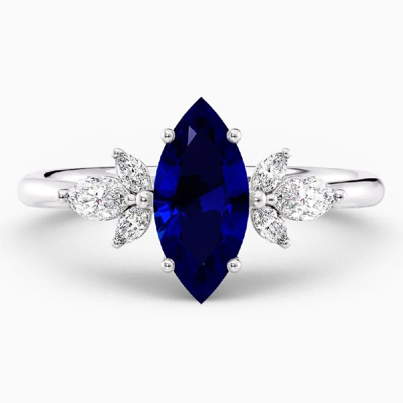 1.60 Carat Marquise Shape Cluster Blue Sapphire Engagement Ring