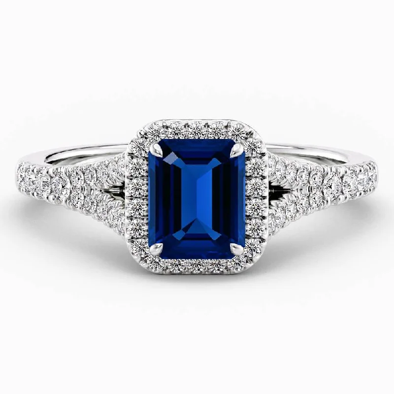 1.90 Carat Emerald Shape Halo Blue Sapphire Engagement Ring