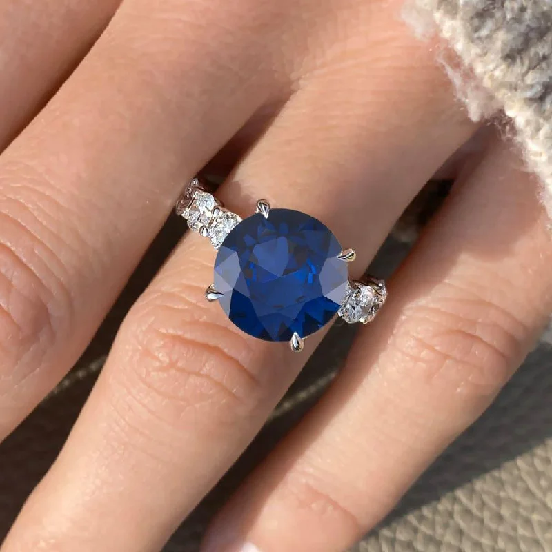 10 Carat Round Shape Floating Prong Blue Sapphire Engagement Ring