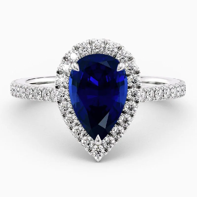 2.50 Carat Pear Shape Halo Blue Sapphire Engagement Ring