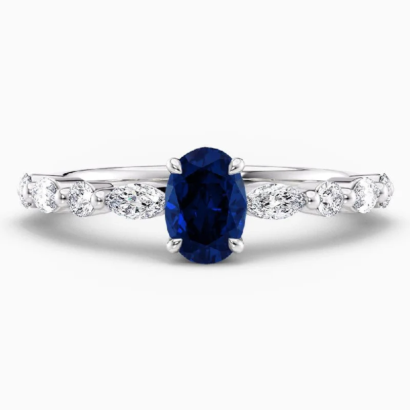 2 Carat Oval Shape Shared Prong Blue Sapphire Engagement Ring