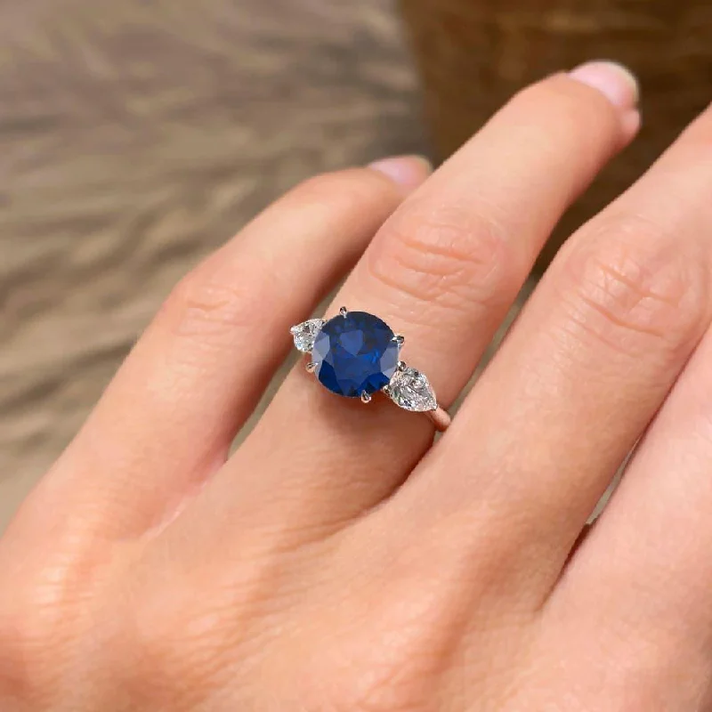 3.10 Carat Round Shape Three Stone Blue Sapphire Engagement Ring