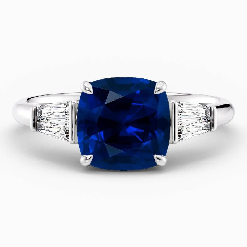 3.50 Carat Cushion Shape Unique Three Stone Blue Sapphire Engagement Ring