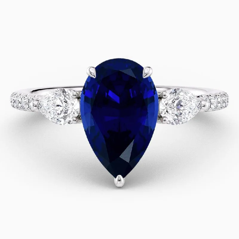 3.50 Carat Pear Shape Three Stone Blue Sapphire Engagement Ring