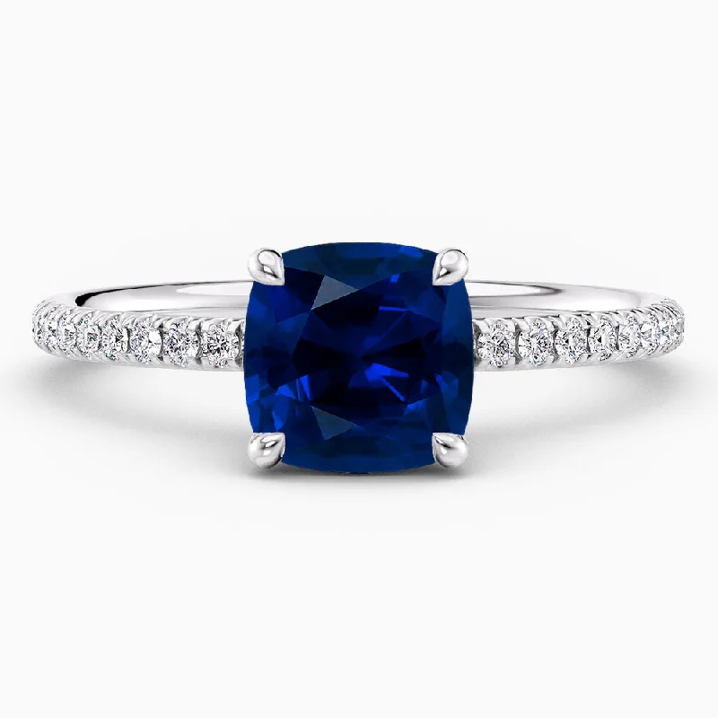 4.50 Carat Cushion Cut Hidden Halo Blue Sapphire Engagement Ring and Matching Band