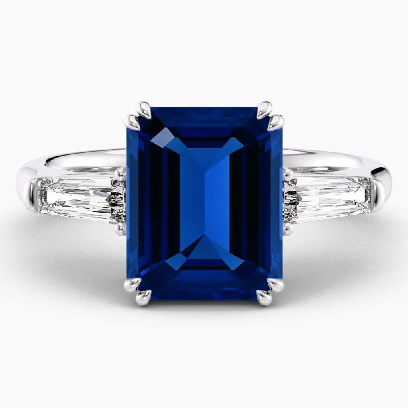 4.60 Carat Emerald Shape Three Stone Blue Sapphire Engagement Ring