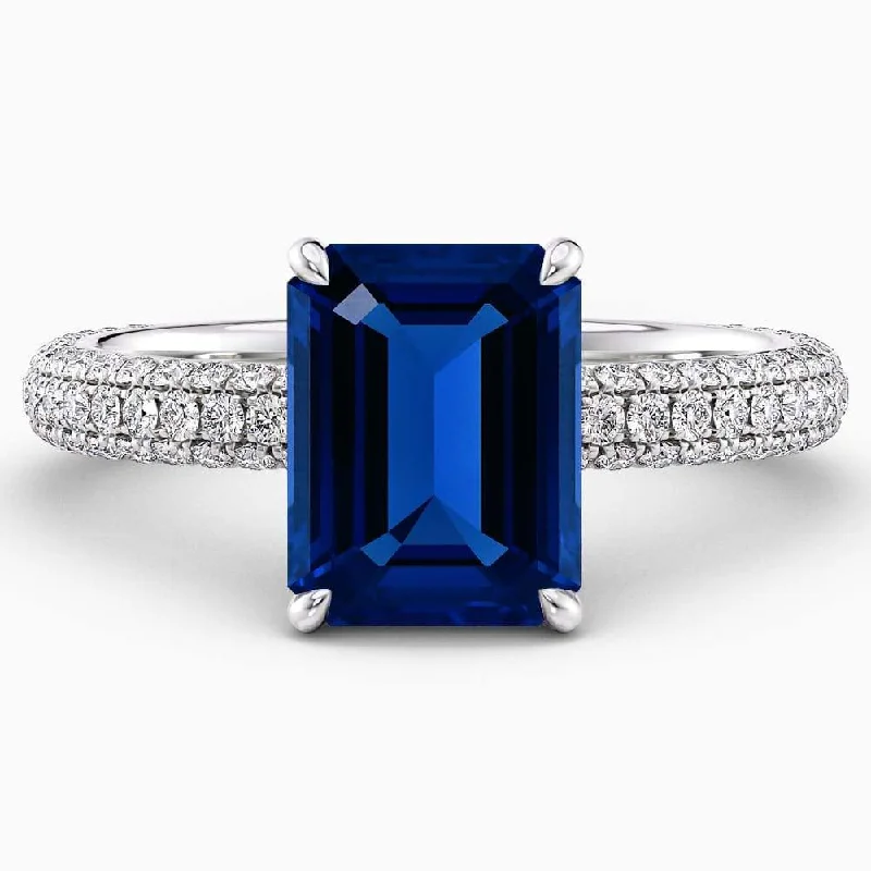 4.70 Carat Emerald Shape Hidden Halo Blue Sapphire Engagement Ring