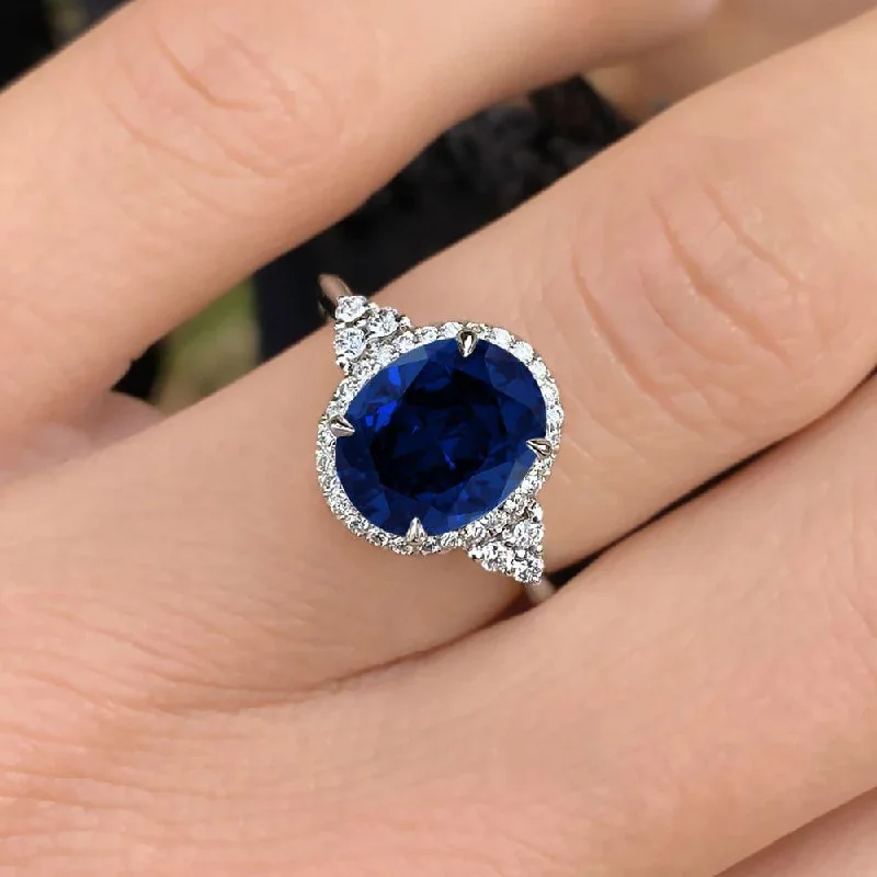 5.50 Carat Oval Shape Halo Blue Sapphire Engagement Ring