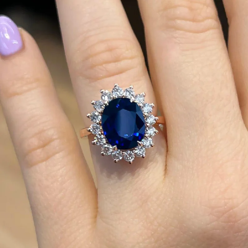 6 Carat Oval Shape Diana Halo Blue Sapphire Engagement Ring