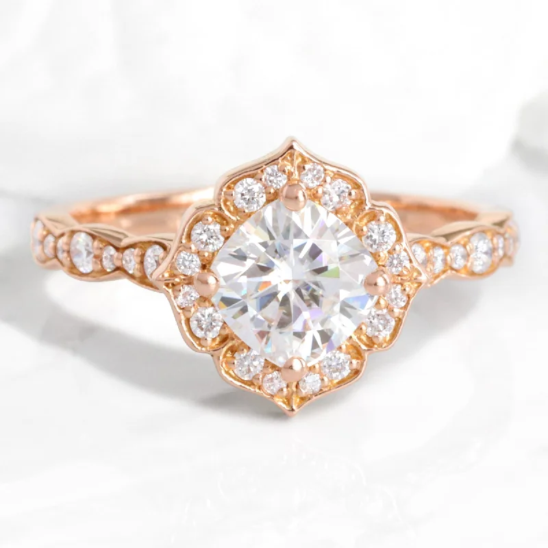 Cushion Moissanite Diamond Ring in 14k Rose Gold Mini Vintage Floral, Size 6.25