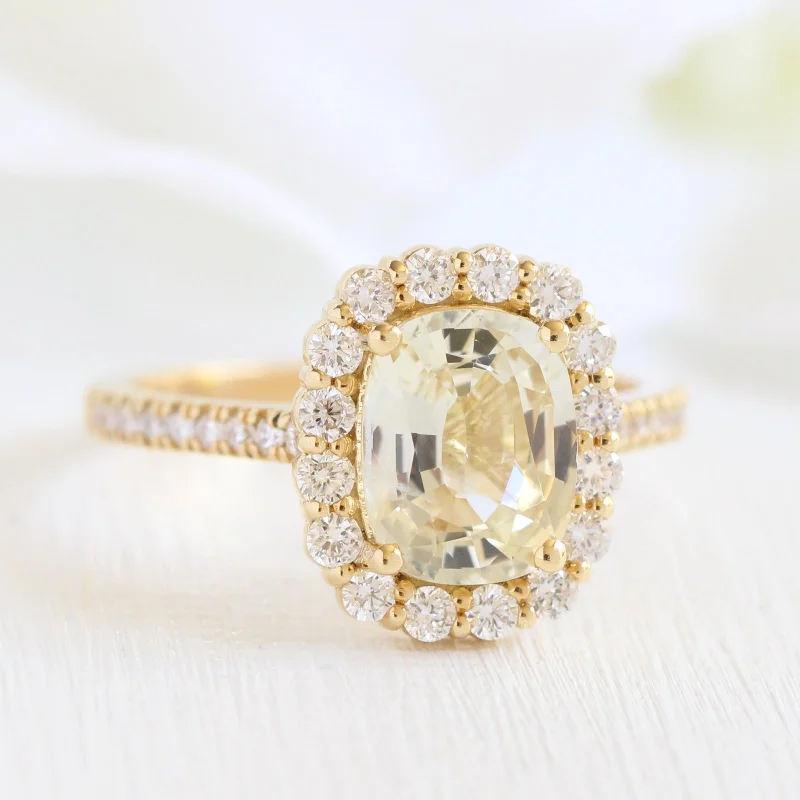 Natural Champagne Yellow Sapphire Ring in 18k Yellow Gold Large Halo Diamond, Size 6.25