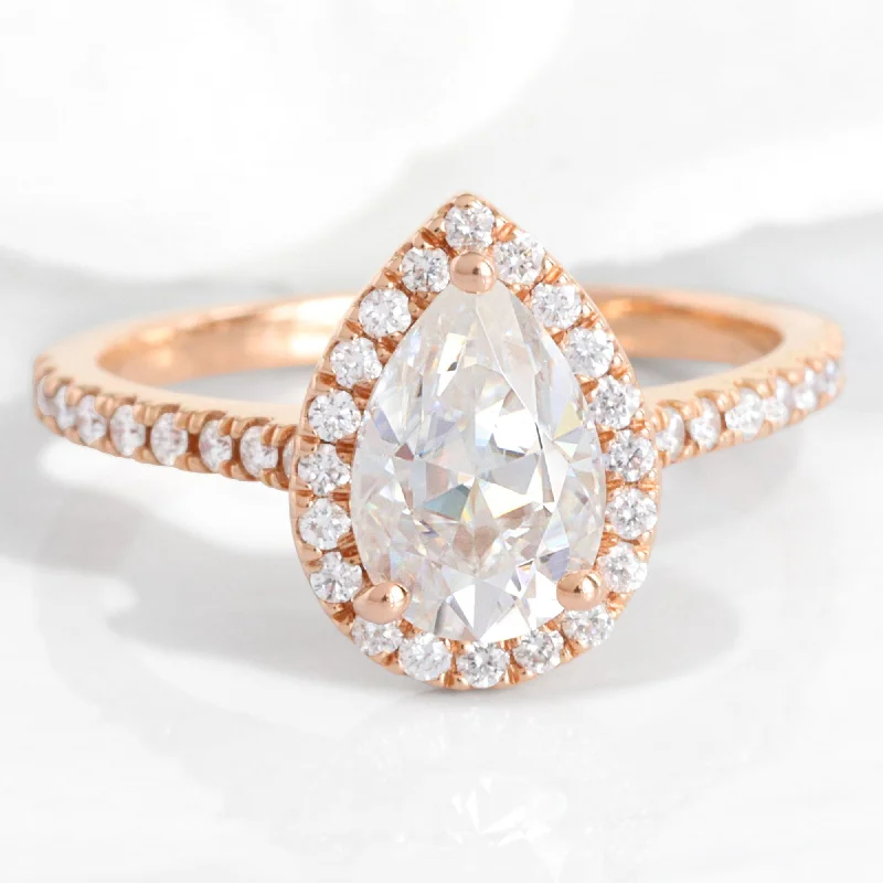 Pear Moissanite Halo Diamond Ring in 14k Rose Gold Pave Band, Size 6.25