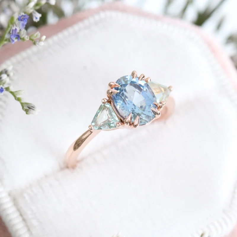 Large Aqua Blue Sapphire Engagement Ring in 14k Rose Gold 3 Stone Ring, Size 6