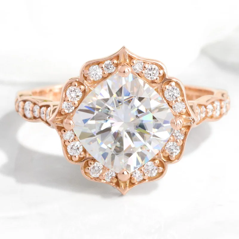 Large Cushion Moissanite Ring in 14k Rose Gold Vintage Floral Diamond, Size 6.25