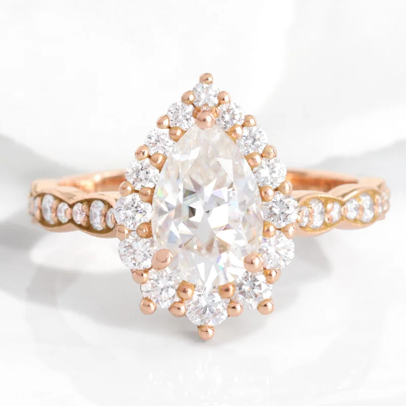 Large Pear Moissanite Diamond Ring in 14k Rose Gold Tiara Halo Scalloped Band, Size 6.25