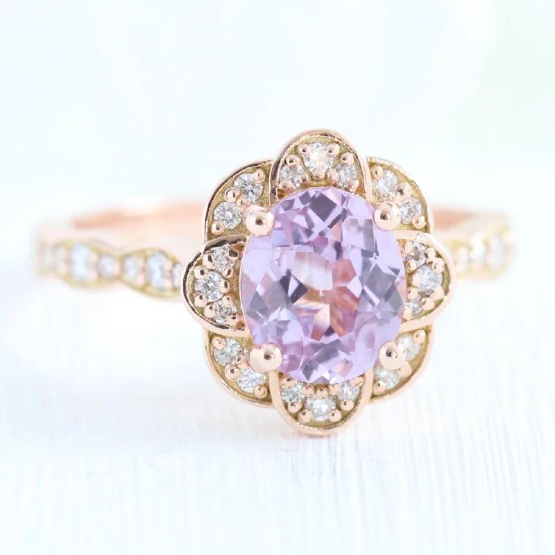 1.76 Ct Lavender Purple Sapphire Ring in 14k Rose Gold Vintage Floral Diamond, Size 6