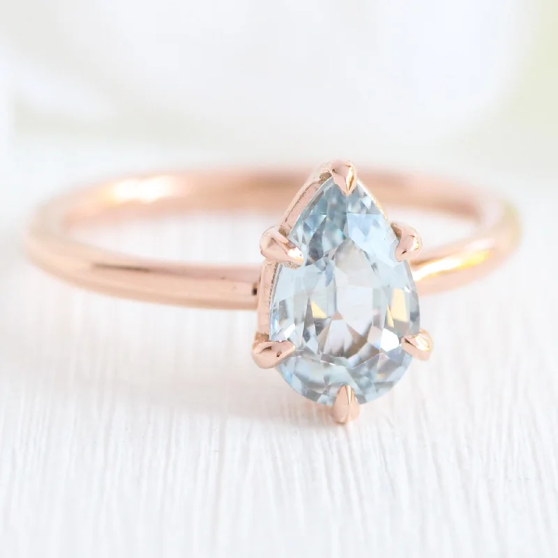 1.66 Ct Pear Aqua Blue Sapphire Ring in 14k Rose Gold Low Profile Solitaire Ring, Size 6