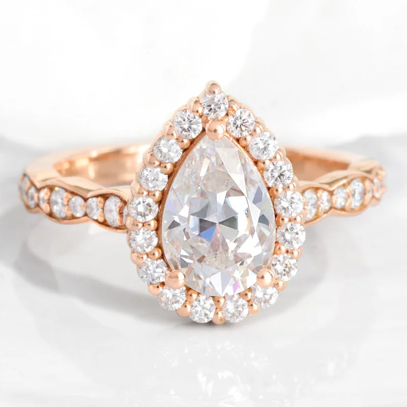 Pear Moissanite Diamond Ring in 14k Rose Gold Luna Halo Scalloped, Size 5.75