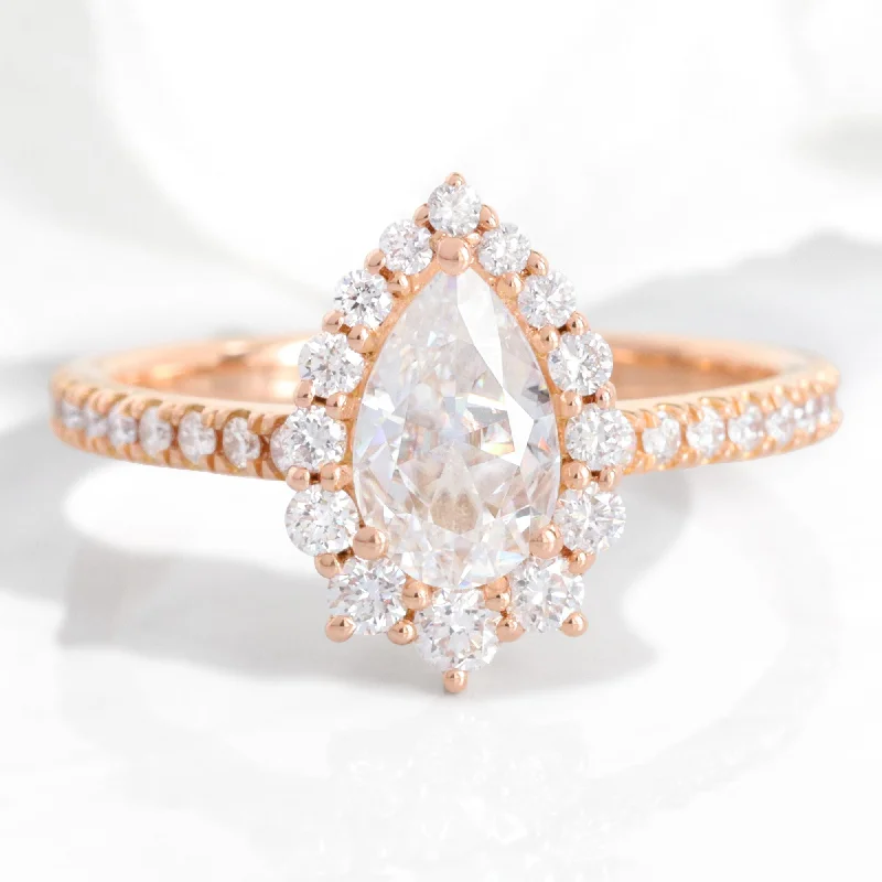 Pear Moissanite Diamond Ring in 14k Rose Gold Tiara Halo Pave Band, Size 6.5