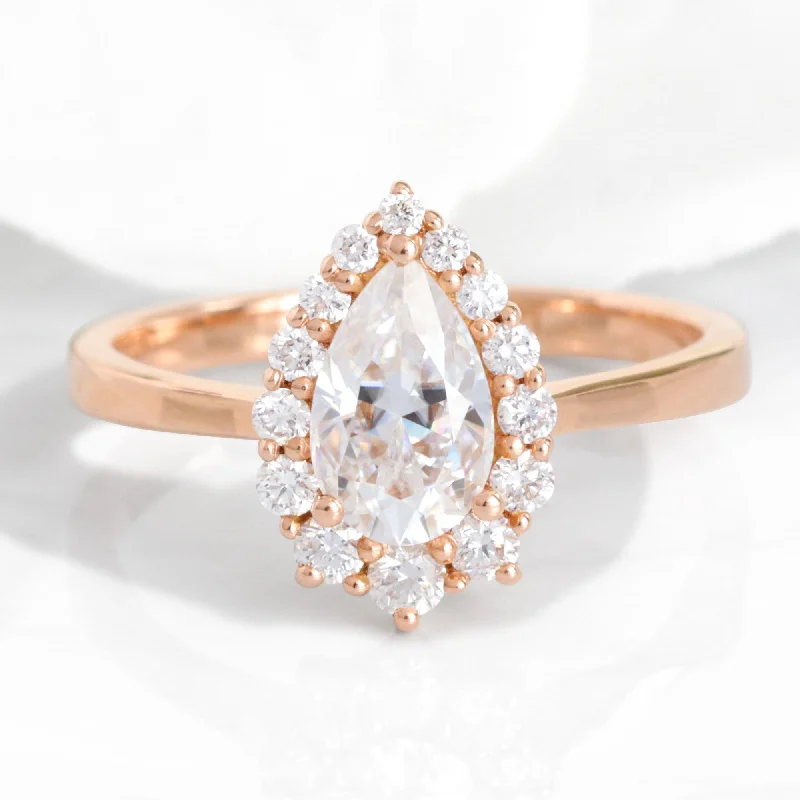 Pear Moissanite Diamond Ring in 14k Rose Gold Tiara Halo Tapered Band, Size 6.25