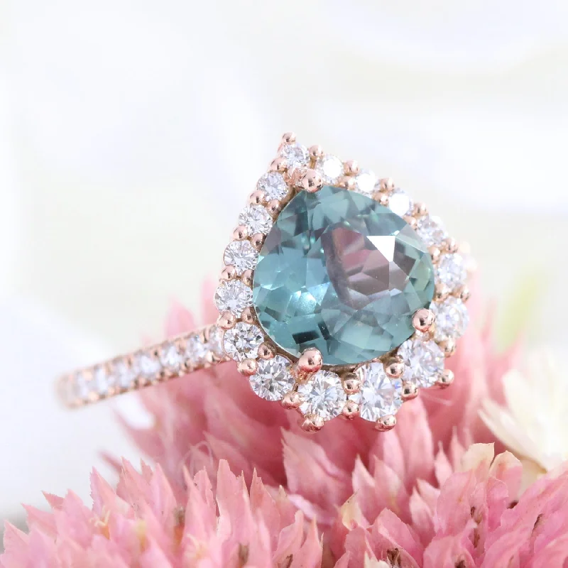 2.54 Ct Rare Teal Green Sapphire Ring in 14k Rose Gold Tiara Halo Diamond, Size 6