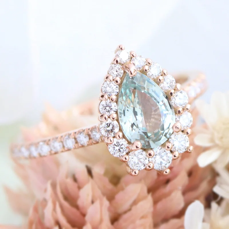 1.54 Ct Sea-Foam Green Sapphire Ring in 14k Rose Gold Tiara Halo Diamond, Size 6.25