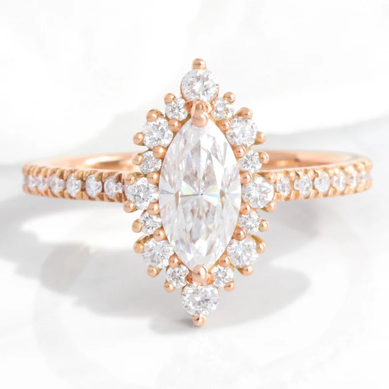 Marquise Moissanite Diamond Ring in 14k Rose Gold Tiara Halo Pave Band, Size 6.25