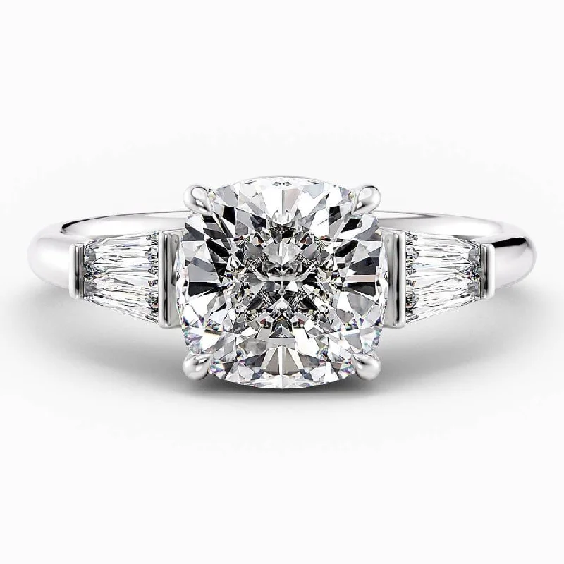 2.50 Carat Cushion Cut Unique Three Stone Natural Diamond Engagement Ring GIA Certified