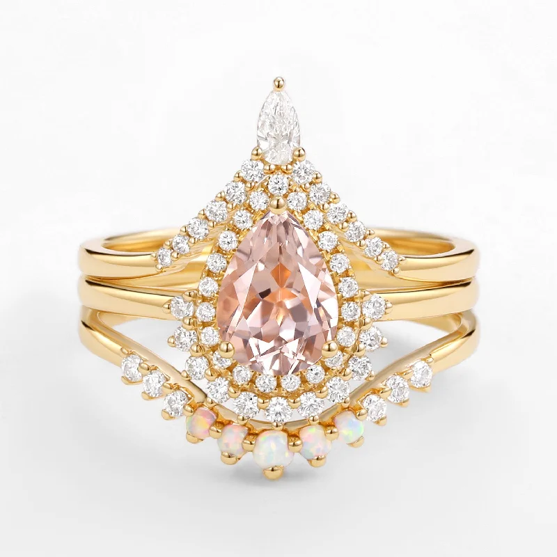 1.5ct Peachy Morganite & Natural Opal Halo Ring Set 3pcs