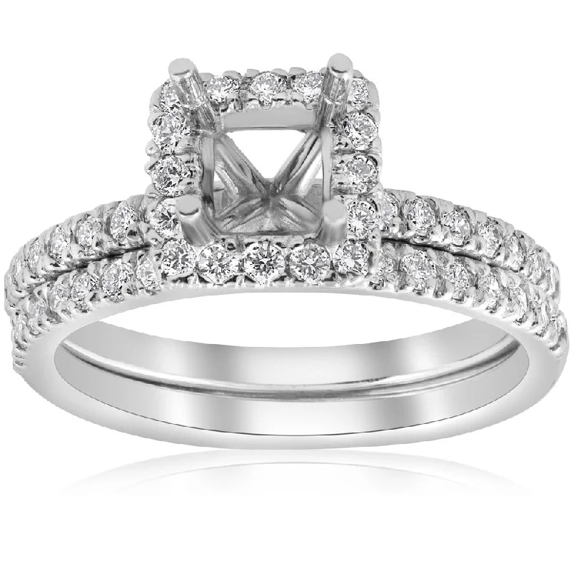 14k White Gold 5/8ct Princess Cut Diamond Halo Engagement Ring Setting Matching Band (I/J, I2-I3)