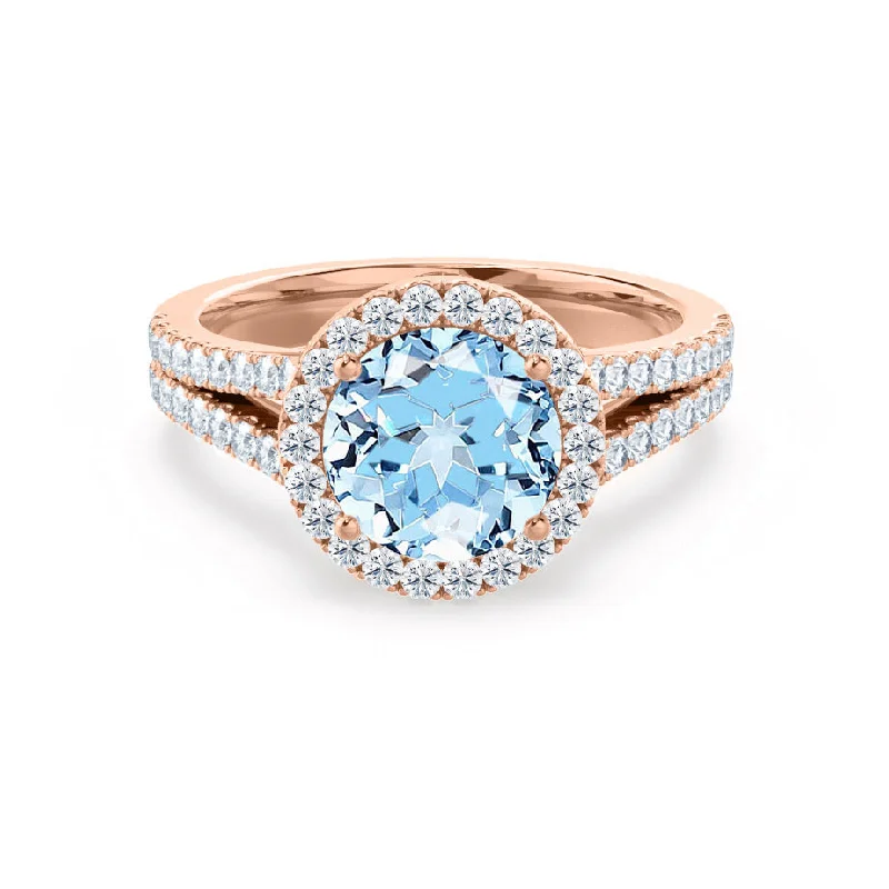 AMELIA - Chatham® Lab Grown Aqua Spinel & Diamond 18k Rose Gold Halo Ring