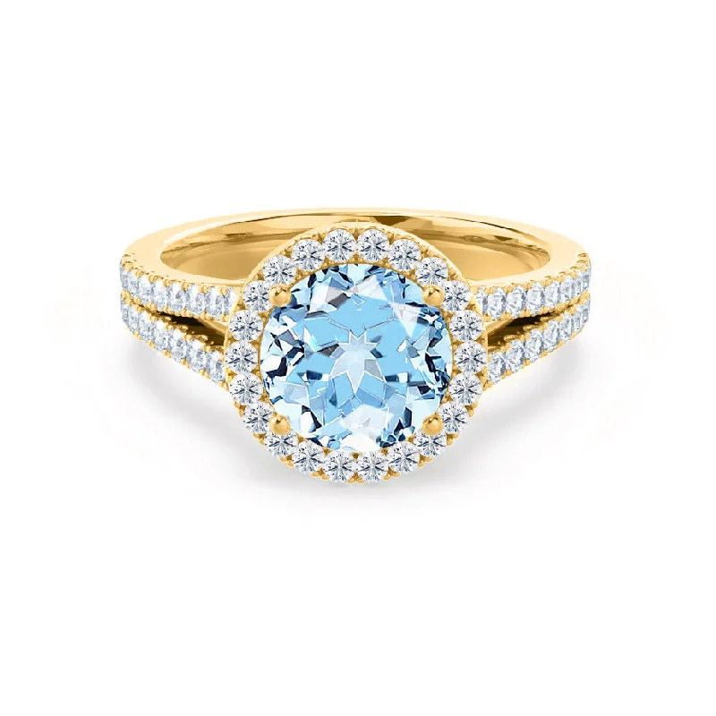 AMELIA - Chatham® Lab Grown Aqua Spinel & Diamond 18k Yellow Gold Halo Ring