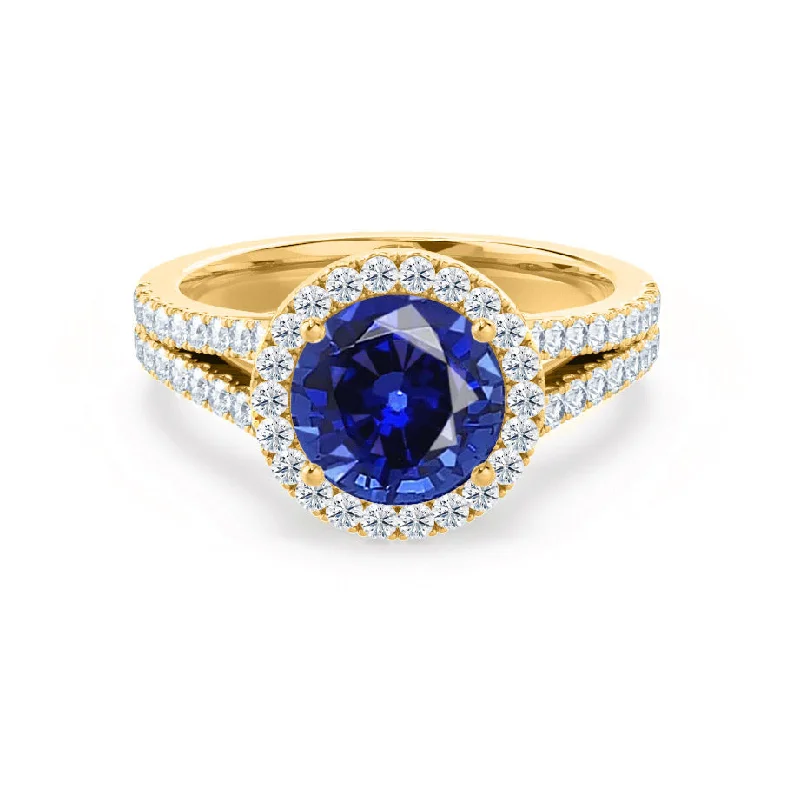 AMELIA - Chatham® Lab Grown Blue Sapphire & Diamond 18k Yellow Gold Halo Ring