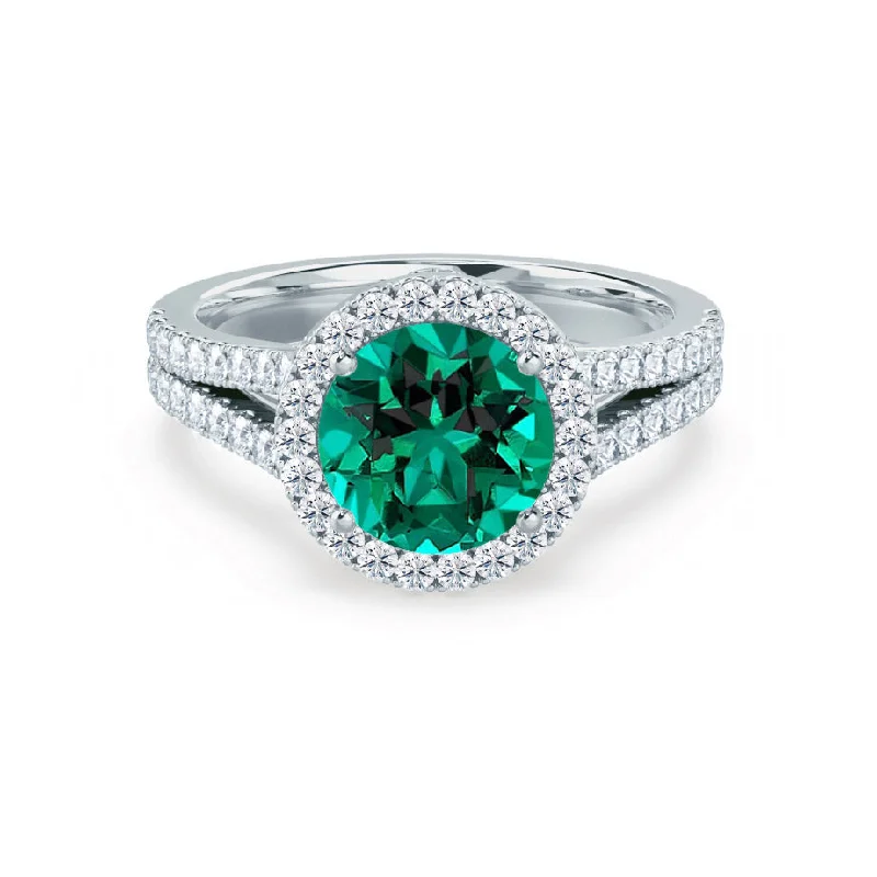 AMELIA - Chatham® Lab Grown Emerald & Diamond 18k White Gold Halo Ring