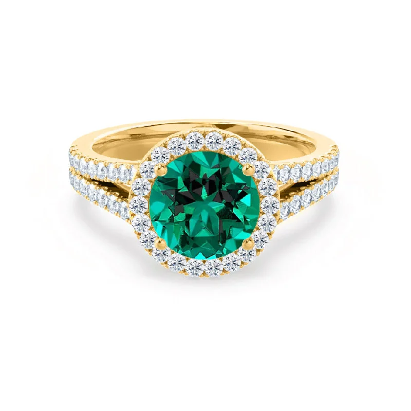 AMELIA - Chatham® Lab Grown Emerald & Diamond 18k Yellow Gold Halo Ring