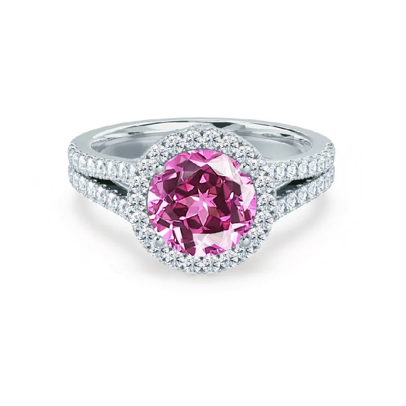 AMELIA - Chatham® Lab Grown Pink Sapphire & Diamond 18k White Gold Halo Ring