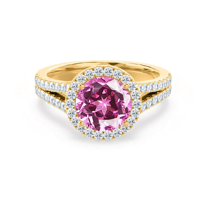 AMELIA - Chatham® Lab Grown Pink Sapphire & Diamond 18k Yellow Gold Halo Ring