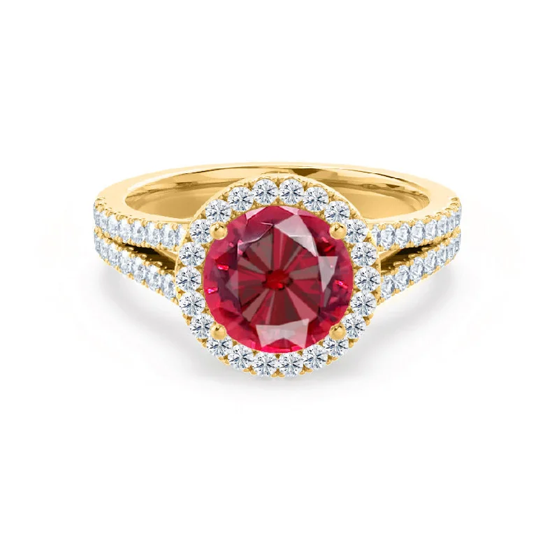 AMELIA - Chatham® Lab Grown Red Ruby & Diamond 18k Yellow Gold Halo Ring