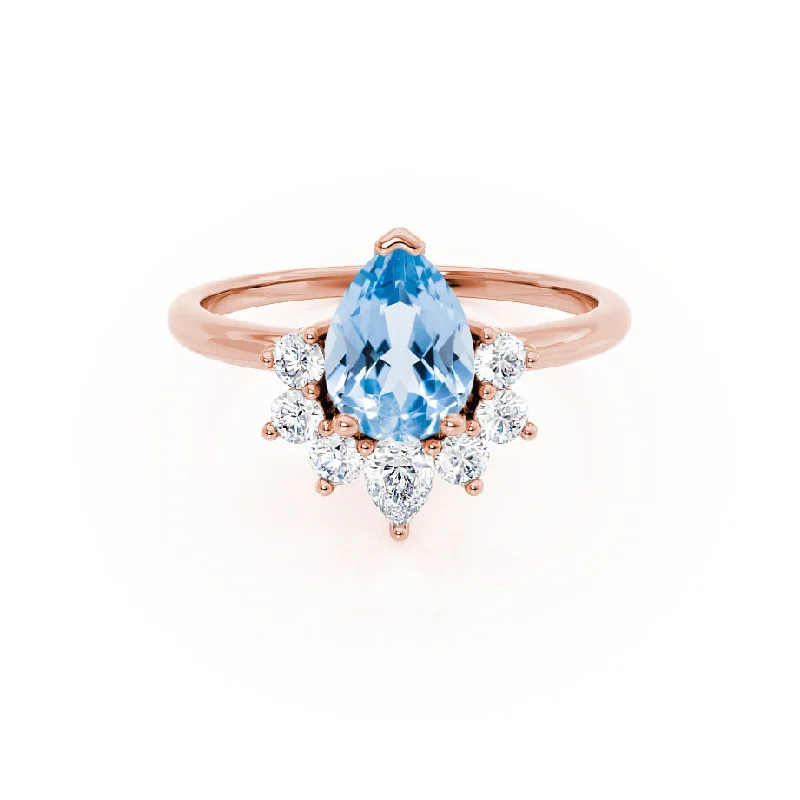 BALLET - Chatham® Pear Aqua Spinel & Diamond Half Halo Tiara Ring 18k Rose Gold