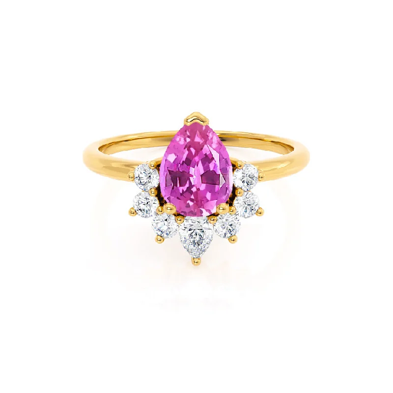 BALLET - Chatham® Pear Pink Sapphire & Diamond Half Halo Tiara Ring 18k Yellow Gold