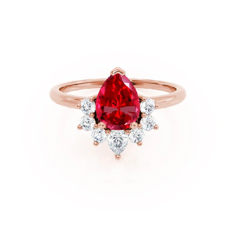 BALLET - Chatham® Pear Ruby & Diamond Half Halo Tiara Ring 18k Rose Gold