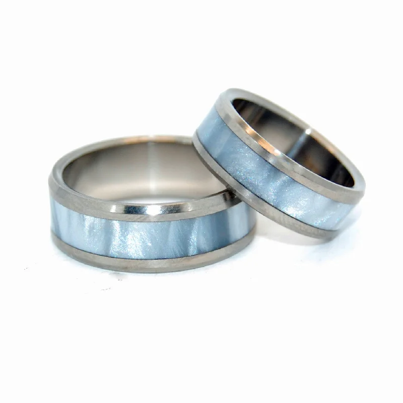 Beveled Astaire | Gray Pearl Marbled Opalescent Resin & Titanium Custom Wedding Ring Set