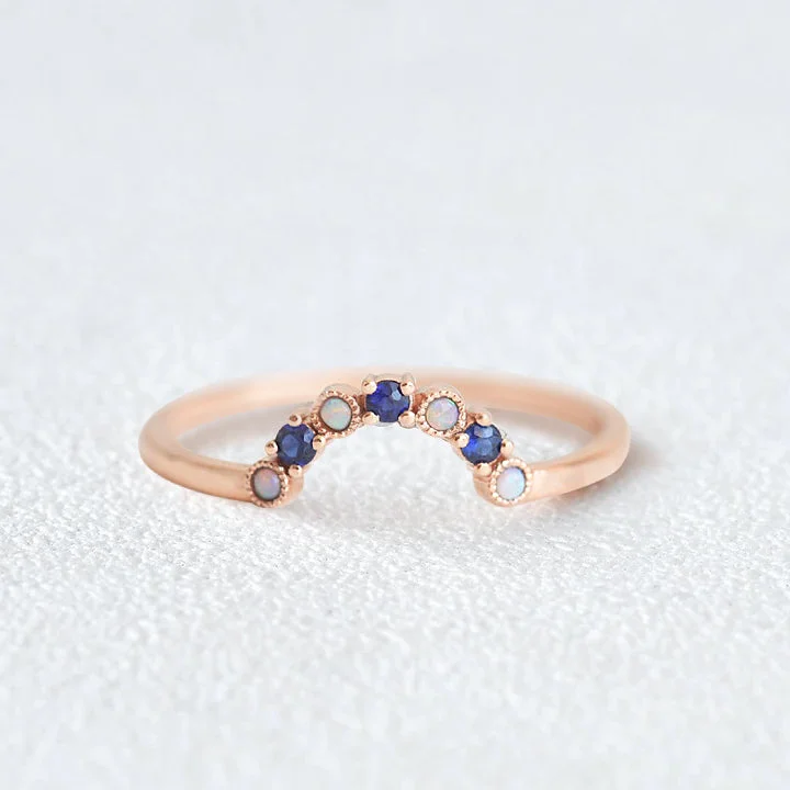 Blue Sapphire & Opal Curved Gold Ring