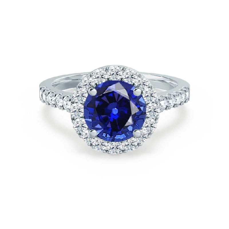 CECILY - Chatham® Lab Grown Blue Sapphire & Diamond 18k White Gold Halo Ring