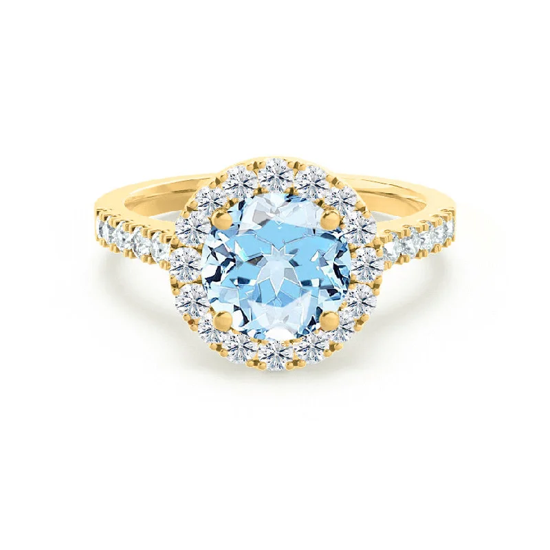 CECILY - Chatham® Lab Grown Aqua Spinel & Diamond 18k Yellow Gold Halo Ring