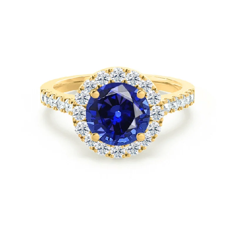 CECILY - Chatham® Lab Grown Blue Sapphire & Diamond 18k Yellow Gold Halo Ring